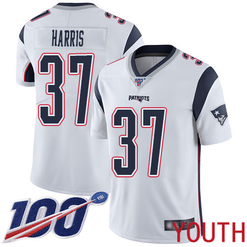 New England Patriots Football #37 Vapor Untouchable 100th Season Limited White Youth Damien Harris Road NFL Jersey